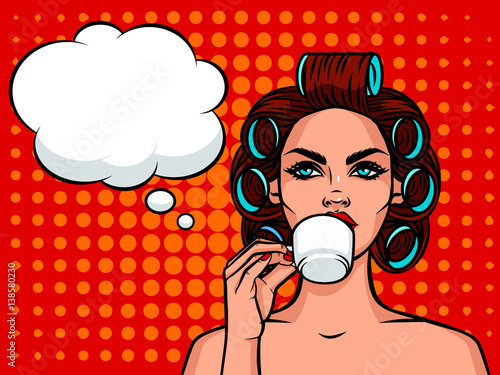 Young beautiful girl European type with curlers on her head drinking a coffee. Woman with cup of tea and speech bubble over halftone background effect