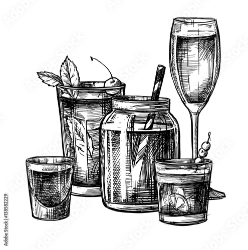 Hand drawn vector illustration - Collection of alcoholic and non-alcoholic cocktails. Design elements in sketch style. Perfect for brochure, cafe flyer, bar menu and restaurant menu