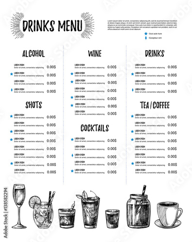 Hand drawn vector illustration - Bar menu. Template of Restaurant menu with illustrations in sketch style. Perfect for brochure, cafe flyer, delivery menu.