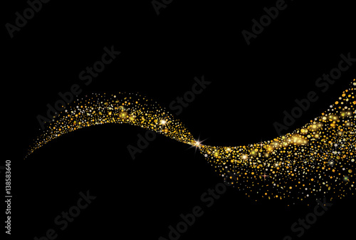 Vector gold glitter confetti wave on black background