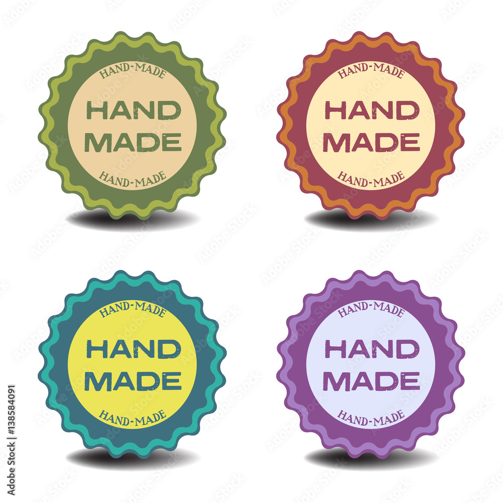 Set of four isolated stickers with the text hand made written on each sticker Set of four isolated stickers with the text hand made written on each sticker