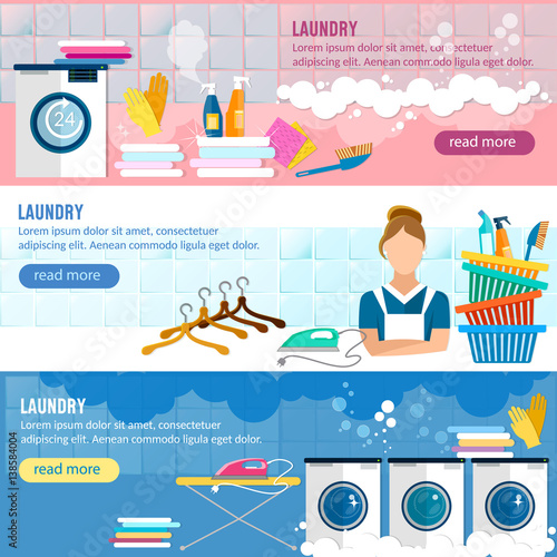 Laundry service banner, washing clothes, laundry staff and washing machine