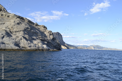sea,beach,Crimea,Sudak,fortress,castle,Genoese fortress,Ukraine,mountains,cliffs,rocks, sea,sky,blue sky,sun,sea, stones,waves,spray,water,cat,gray cat,cat,smoothie,drink,glass,cherry,cocktail,Seagull