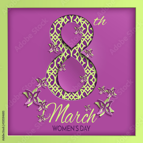 Vector illustration of International womens day, 8 March greeting card with floral and butterfly pattern design, background with paper cut ornament. Caption 8th march women's day, layers are isolated