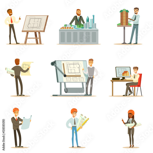 Architect Profession Series Of Vector Illustrations With Architects Designing Projects And Blueprints For Building Construction