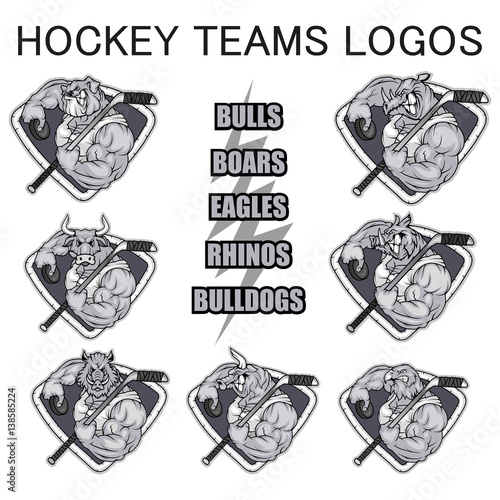 Set of animals logo, for a hockey club or hockey team - bulldog, rhinoceros, bull, boar, eagleть