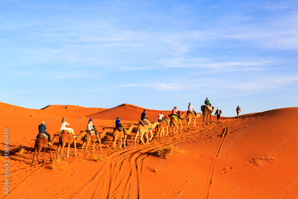 Caravan of camels with tourist in the desert at sunset Caravan of camels with tourist in the desert at sunset