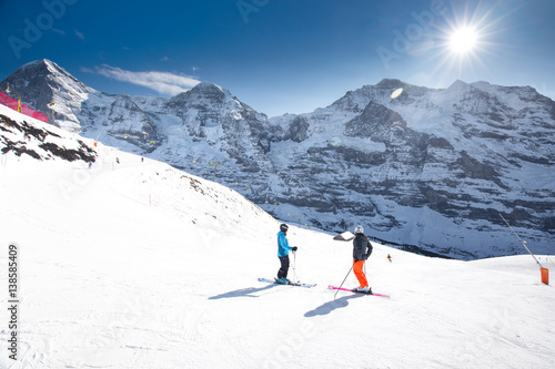 Jungfrau ski resort with famous Eiger, Monch and Jungfrau peaks in Swiss Alps, Switzerland