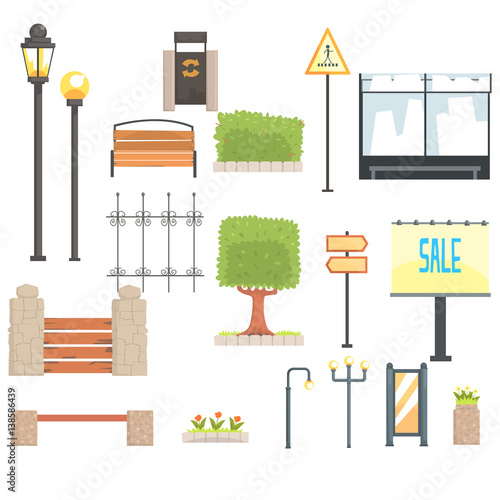 Cityscape Constructor Elements Set In Cute Cartoon Geometric Design, Town Landscape Design Templates.