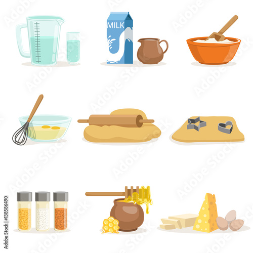 Baking Ingredients And Kitchen Tools And Utensils Set Of Realistic Cartoon Vector Illustrations With Cooking Related Objects
