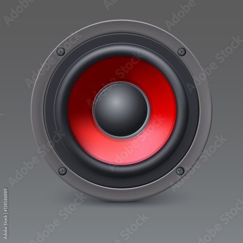 Audio loud speaker with red diffuser isolated on gray background. Vector illustration, eps10
