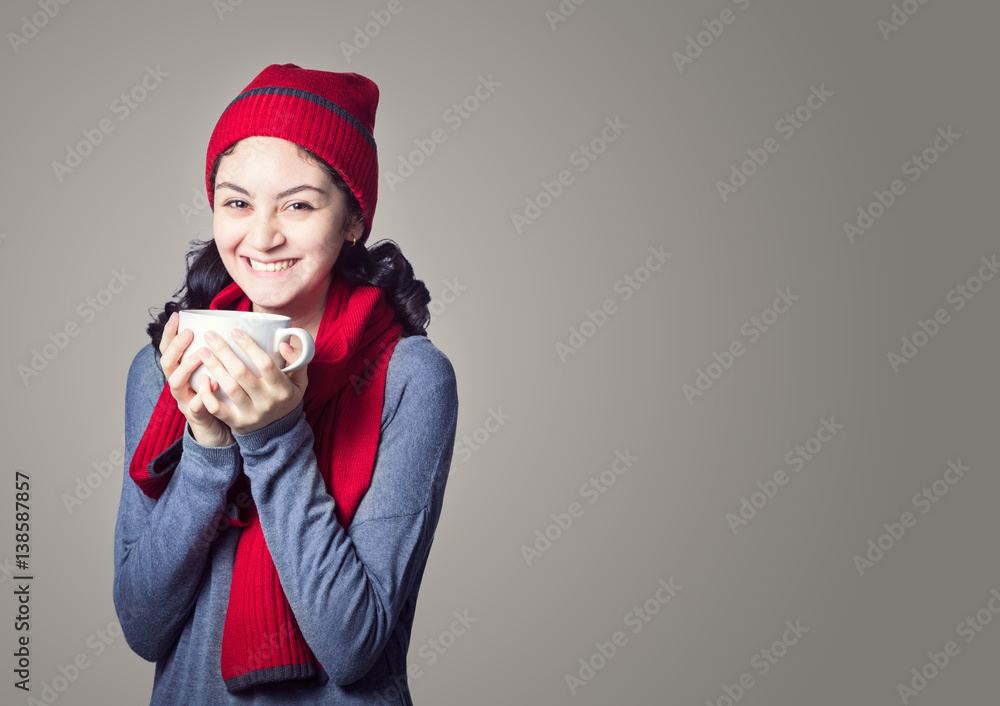 happy smiling woman in casual clothes holding white cup of coffee or hot beverage happy smiling woman in casual clothes holding white cup of coffee or hot beverage