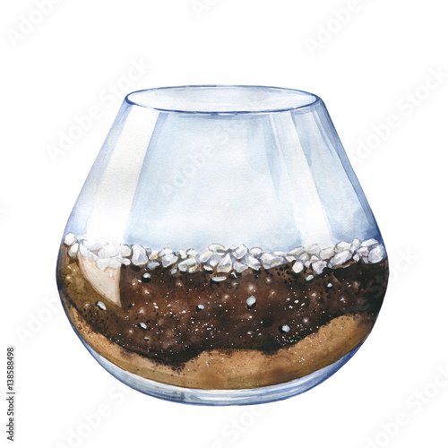 Watercolor illustration. An empty aquarium. Empty terrarium for succulents and cacti. Open glass sphere. Grund for succulents: rocks, sand, earth. Round transparent vase. Isolated on white background.