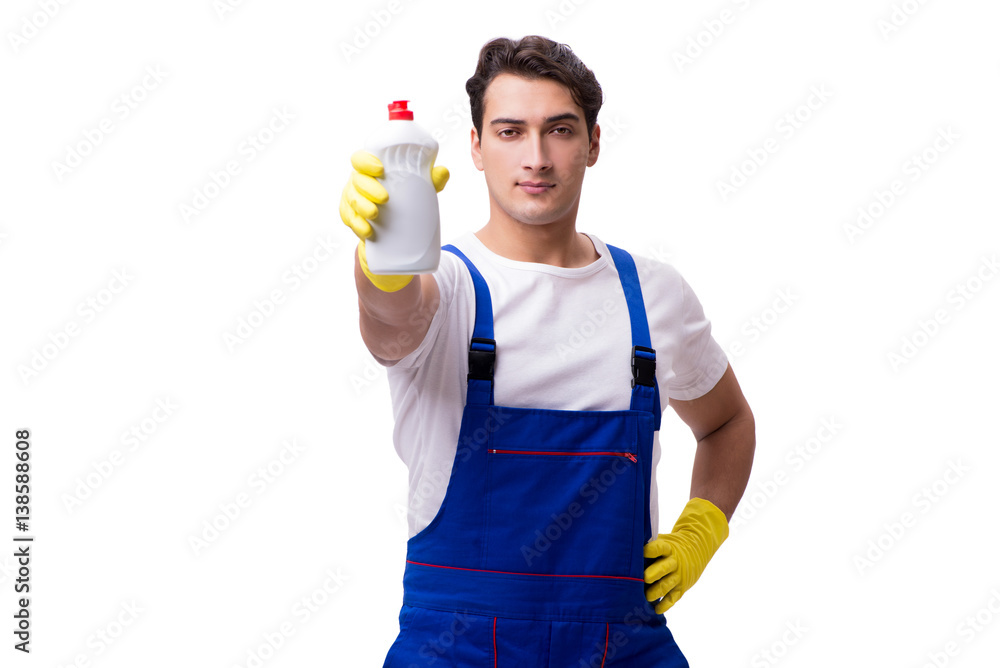 Man with cleaning agents isolated on white background Man with cleaning agents isolated on white background