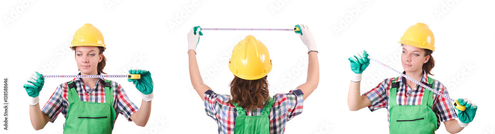 Female workman in green overalls isolated on white Female workman in green overalls isolated on white
