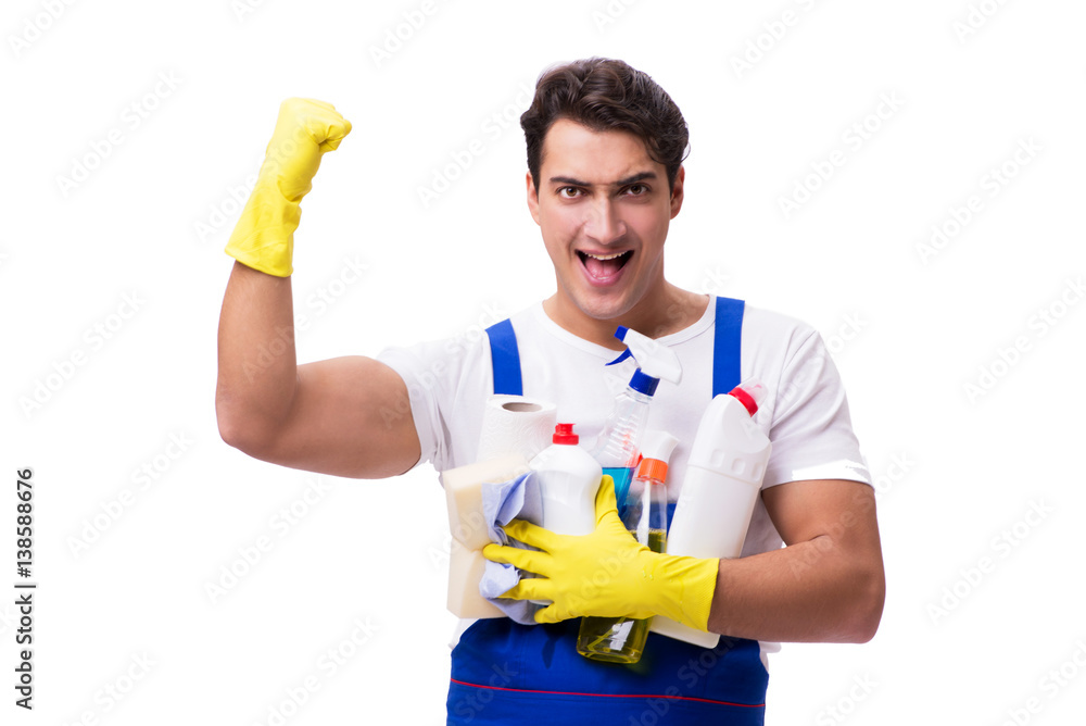 Man with cleaning agents isolated on white background Man with cleaning agents isolated on white background