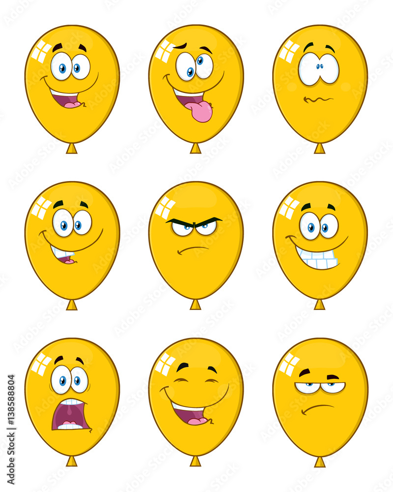 Fototapeta premium Yellow Balloons Cartoon Mascot Character With Expressions. Collection Set Isolated On White Background