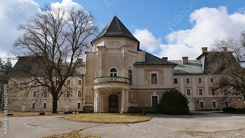 Front view of large decaying neobaroque-classicistic New Mansion in Horne Lefantovce, Slovakia