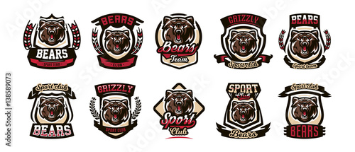 Set of colorful emblems, logos, snarling and ready to attack bear, grizzly, dangerous predator, the dweller forest. Vector illustration, dynamic and sporty style, printing on T-shirts
