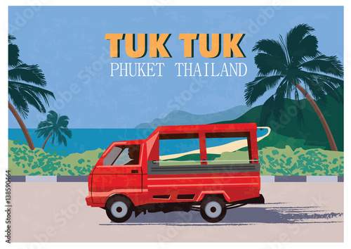 Thai traditional Tuk Tuk in Phuket of Thailand. Vector Illustration