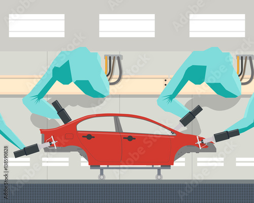 Automated car body painting in modern manufacturing with the help of a robotic manipulator arm. Vector illustration