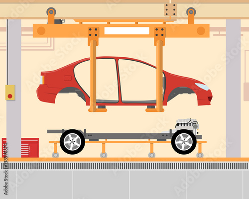 Car assembly at the factory. Installation a body on the chassis. Vector illustration