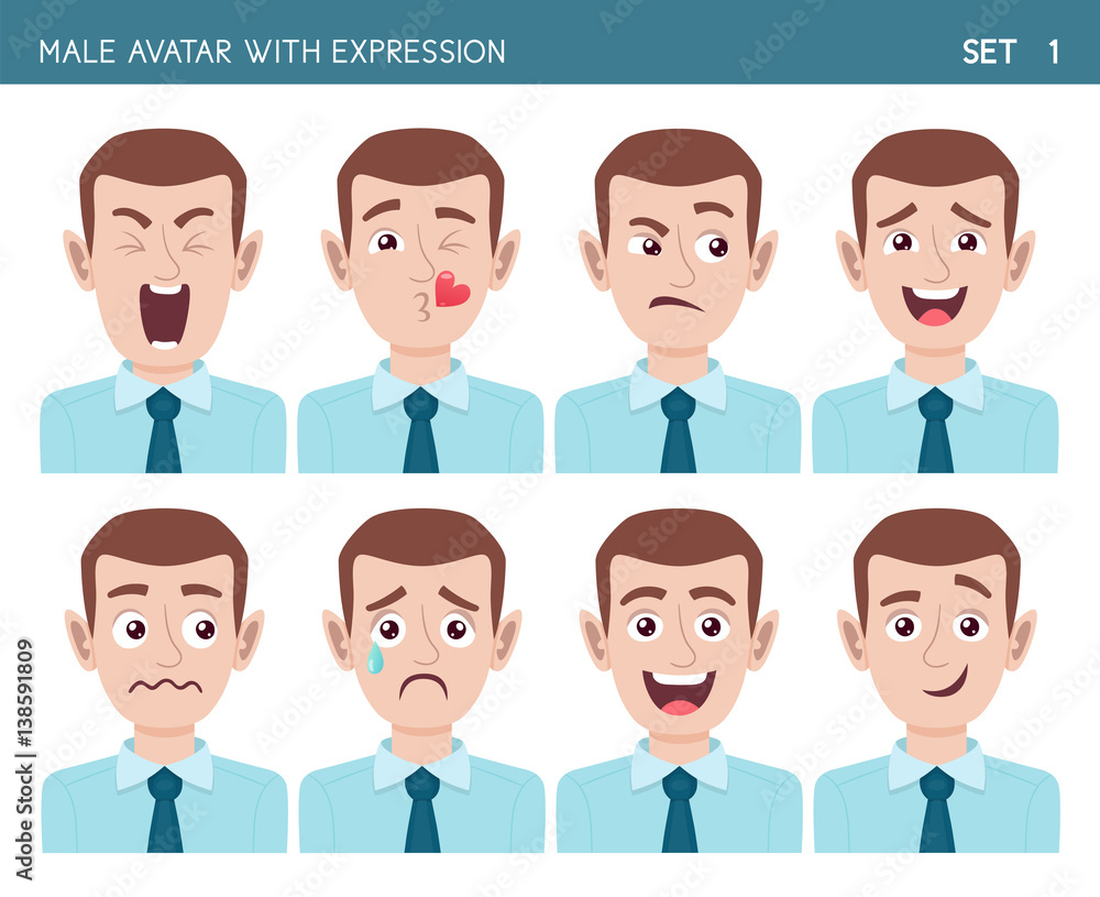 Set of male facial emotions. Male cartoon style character with different expressions. Vector illustration. Set one of six. Set of male facial emotions. Male cartoon style character with different expressions. Vector illustration. Set one of six.