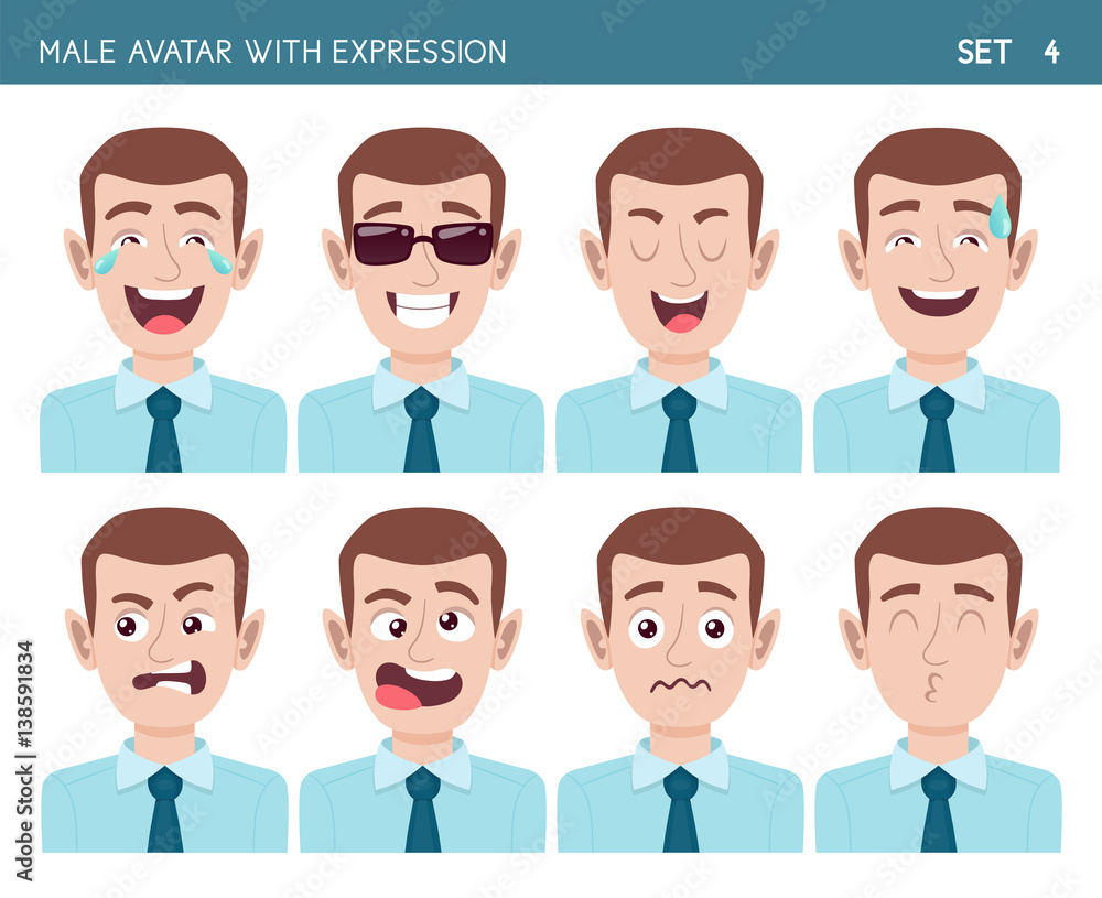 Set of male facial emotions. Male cartoon style character with different expressions. Vector illustration. Set four of six. Set of male facial emotions. Male cartoon style character with different expressions. Vector illustration. Set four of six.