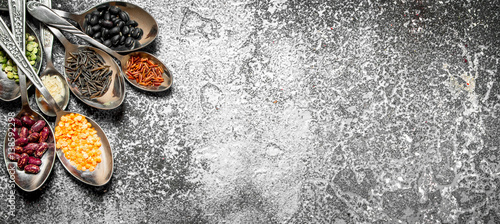 variety of bean seeds in spoons . On rustic background.