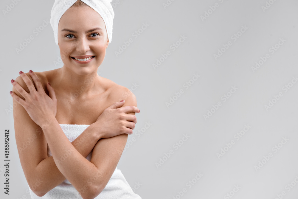 Joyful girl is satisfied with her skin after spa Joyful girl is satisfied with her skin after spa