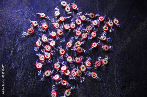 candies on black background