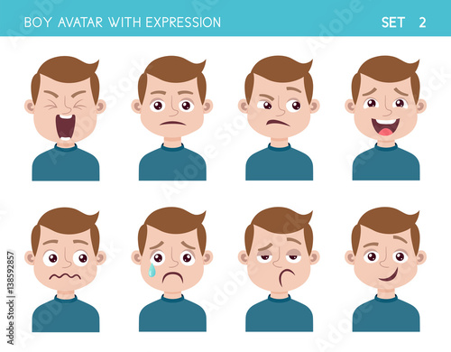 Set of kid facial emotions. Boy cartoon style character with different expressions. Vector illustration. Set two of six.