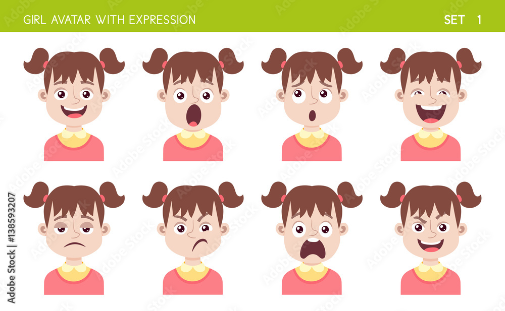 Set of kid facial emotions. Girl cartoon style character with different expressions. Vector illustration. Set one of six. Set of kid facial emotions. Girl cartoon style character with different expressions. Vector illustration. Set one of six.