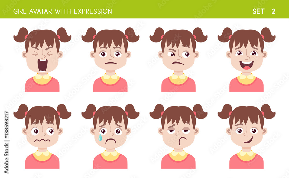 Set of kid facial emotions. Girl cartoon style character with different expressions. Vector illustration. Set two of six. Set of kid facial emotions. Girl cartoon style character with different expressions. Vector illustration. Set two of six.