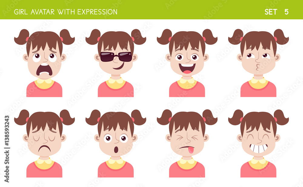 Set of kid facial emotions. Girl cartoon style character with different expressions. Vector illustration. Set five of six. Set of kid facial emotions. Girl cartoon style character with different expressions. Vector illustration. Set five of six.