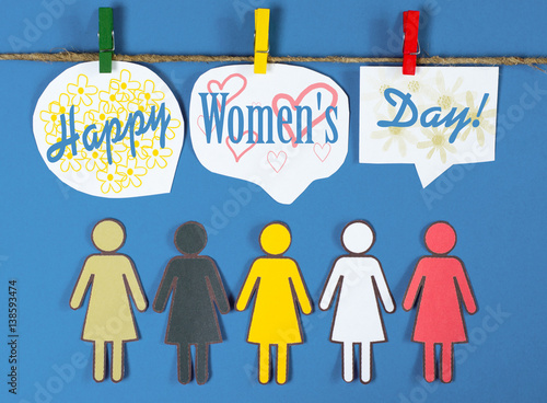 speech bubbles with text Happy Woman s Day and paper Group of Women different races under them. celebrated on march 8 