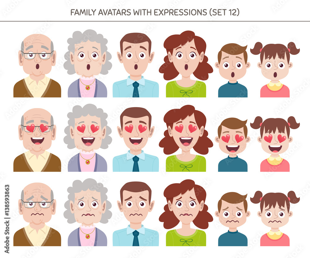 Set of family avatars with facial emotions. Cartoon style characters with different expressions. Vector illustration. Set of family avatars with facial emotions. Cartoon style characters with different expressions. Vector illustration.