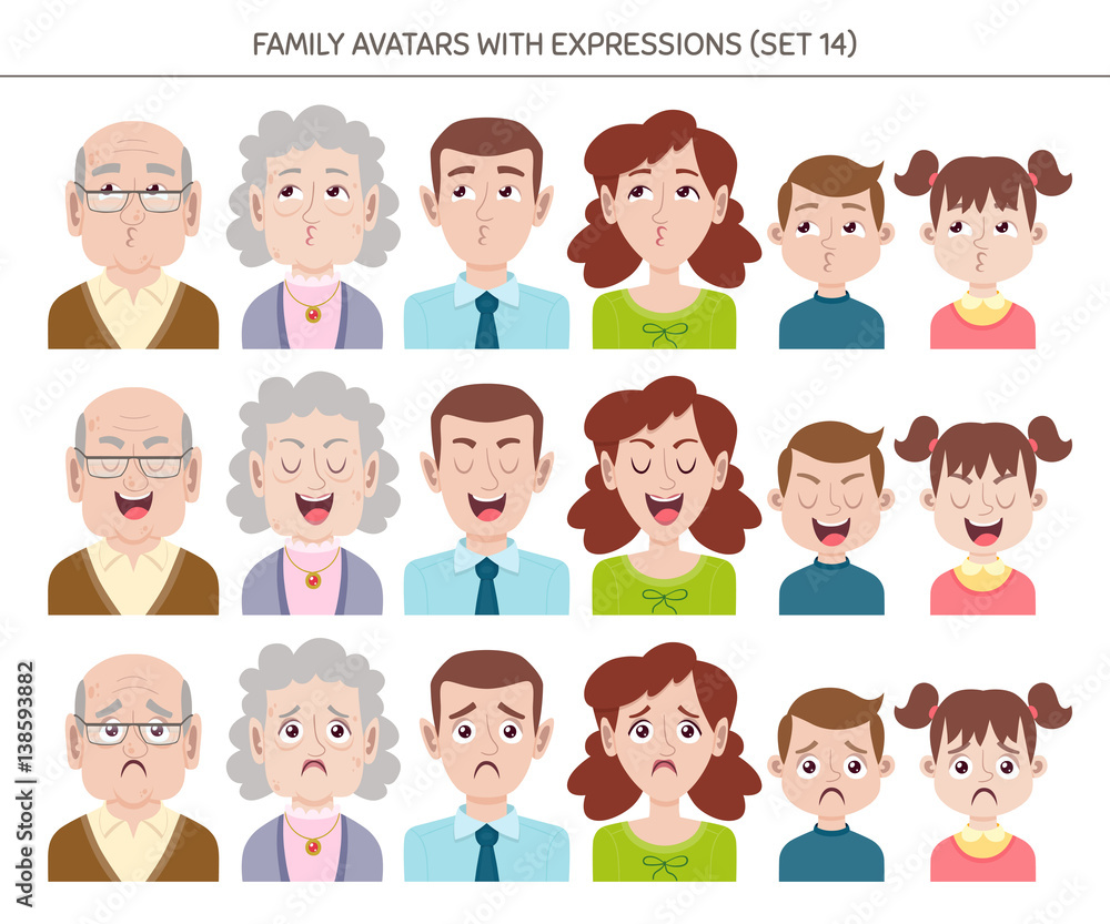 Set of family avatars with facial emotions. Cartoon style characters with different expressions. Vector illustration. Set of family avatars with facial emotions. Cartoon style characters with different expressions. Vector illustration.