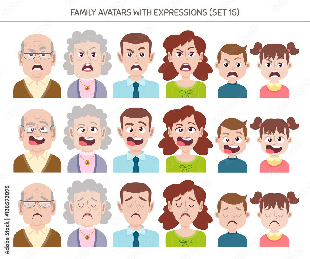 Set of family avatars with facial emotions. Cartoon style characters with different expressions. Vector illustration. Set of family avatars with facial emotions. Cartoon style characters with different expressions. Vector illustration.