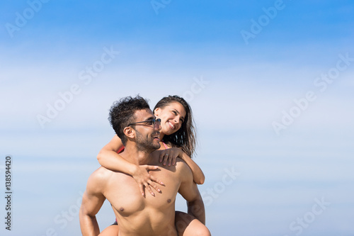 Couple On Beach Summer Vacation, Young People Happy Smiling, Man Carry Woman Sea Ocean Holiday Travel
