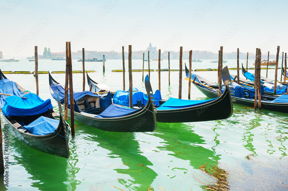 Gondolas on Grand canal in Venice, Italy.