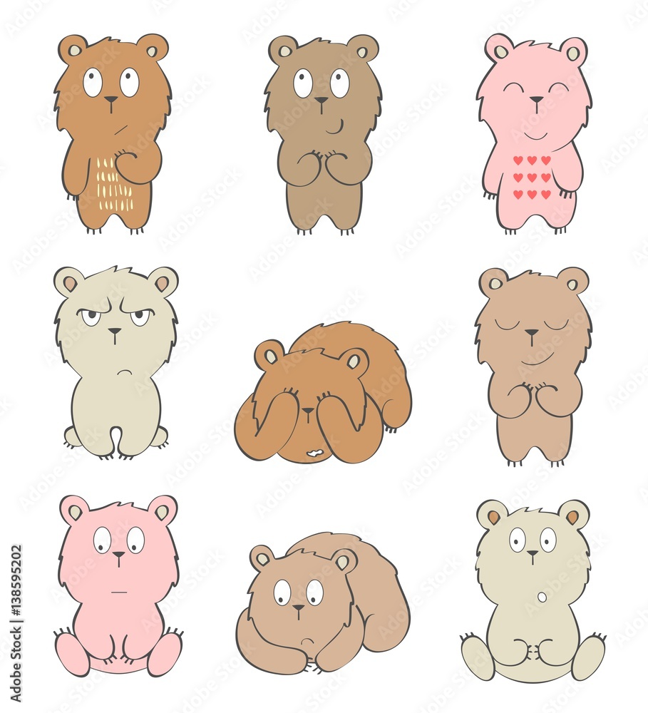 Obraz premium Set of cartoon bears with various emotions.