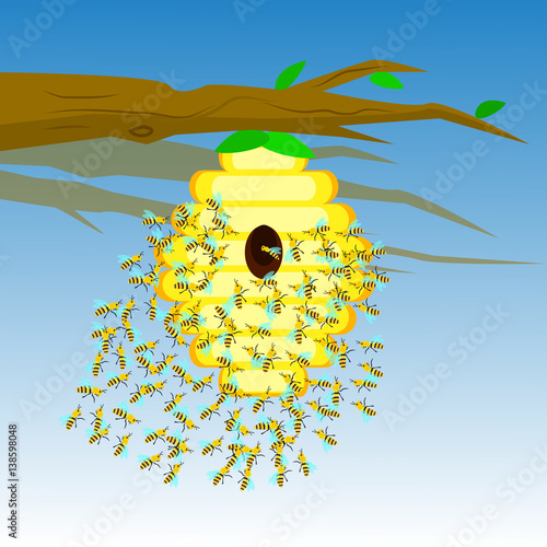 Yellow bee hive on a tree branch. Bee hive isolate. Vector illustration of bee house with a circular entrance. Insect life in nature. Bees near the hive. Beehive in a tree branch.