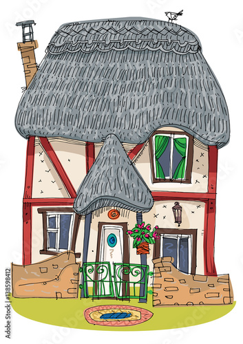 straw covered traditional vintage house - cartoon - coloring book