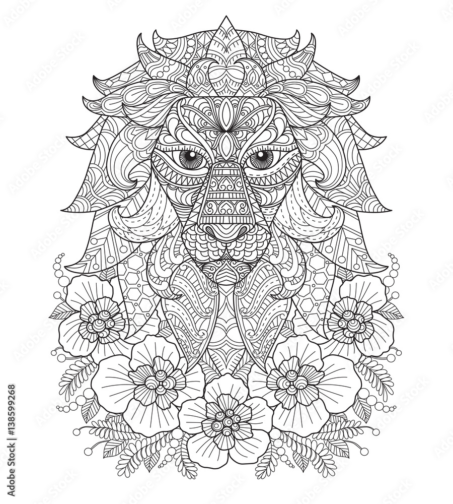Lion and flower. Hand drawn sketch illustration for adult coloring book.