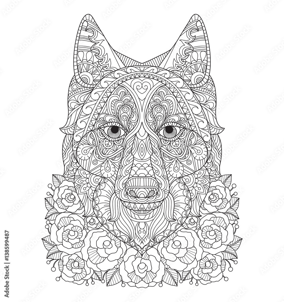 Obraz premium Lis w ogrodzie różanym. Ręcznie rysowane szkic ilustracji dla dorosłych kolorowanka.