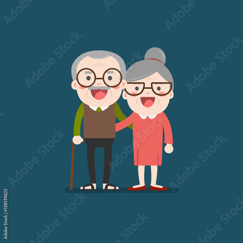 Retired elderly senior age couple in creative flat vector character design | Grandpa and grandma standing full length smiling