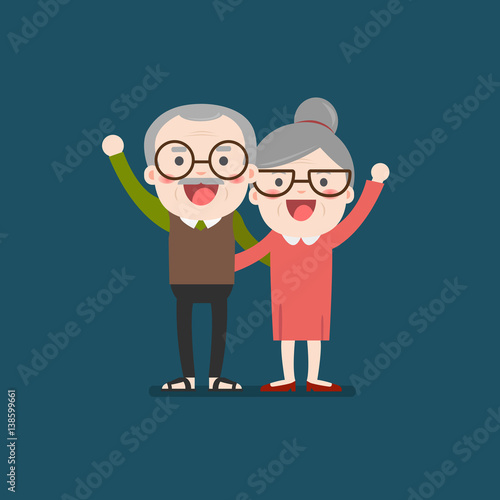 Retired elderly senior age couple in creative flat vector character design | Grandpa and grandma standing full length smiling