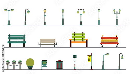 Light posts and outdoor elements for construction of landscapes. Vector flat illustration. park equipment