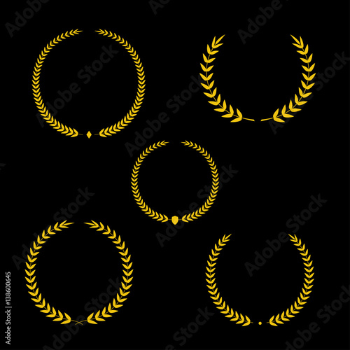 Best award Vector gold award laurel wreath set. Winner label, leaf symbol victory, triumph and success illustration collection.